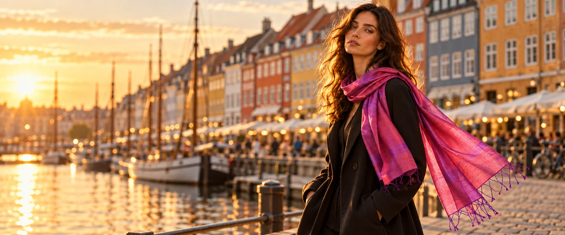 Kvinde med et pink Silky-tørklæde ved Nyhavn i København