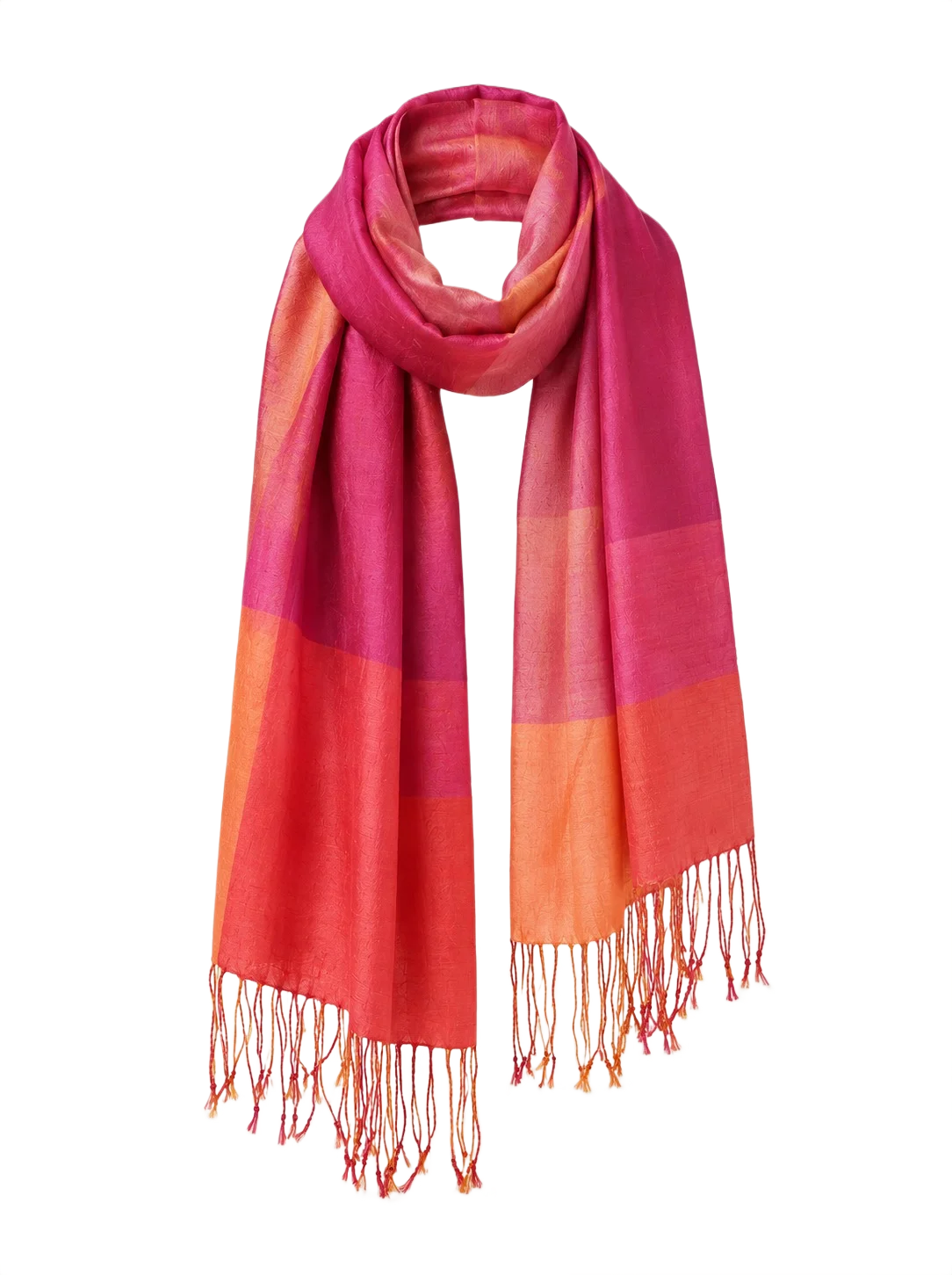 Produktfoto af pink og orange tørklæde med frynser mod sort baggrund