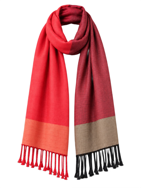Et rødt og bordeaux silketørklæde med koral og beige detaljer og frynser hængende på en bøjle mod sort baggrund.