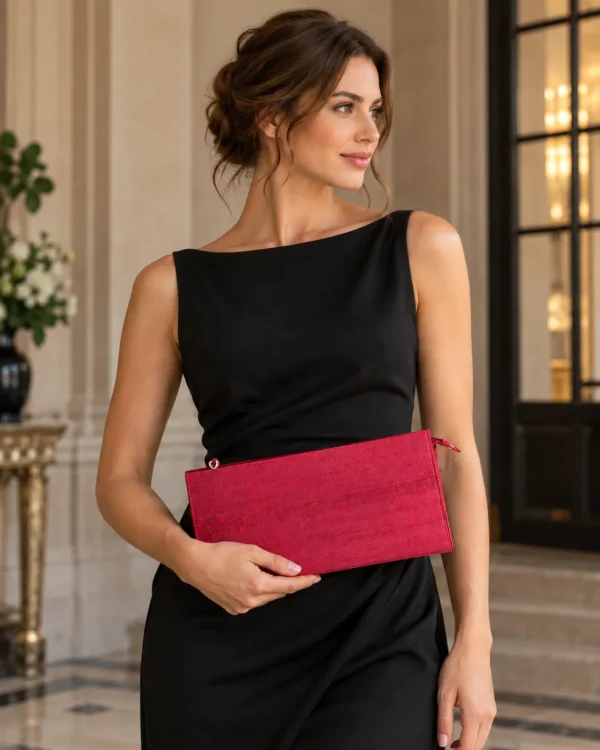 Model i sort kjole holder en rød clutch taske i hånden foran en elegant bygning.